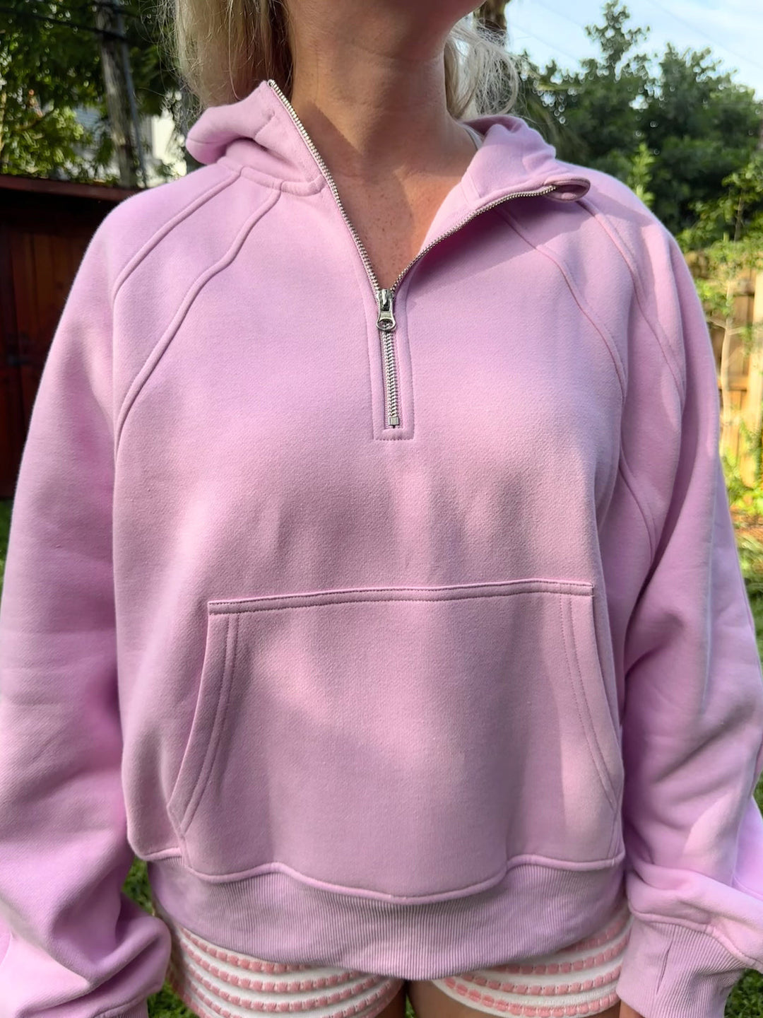 Damen bequemer Kapuzensweater mit kurzem Reißverschluss und Kängurutasche R&B