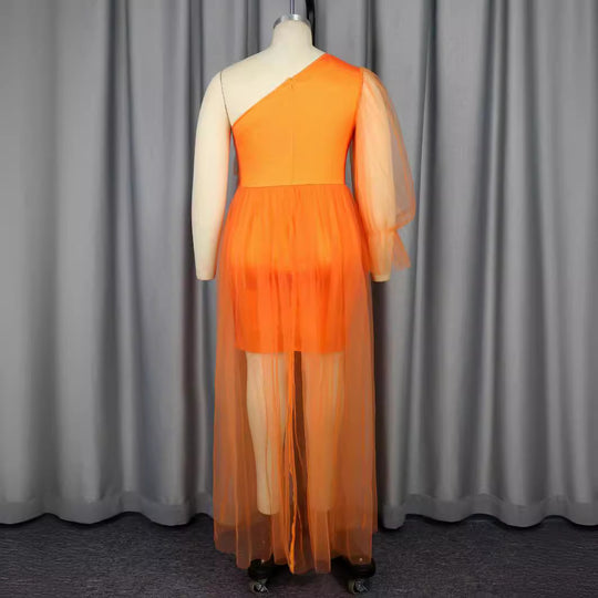 Damen elegantes One-Shoulder Kleid mit transparentem Tüllüberwurf R&B