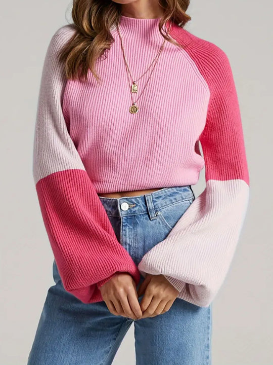 Damen Strickpullover mit weitem Arm und innovativem Farbblockdesign R&B