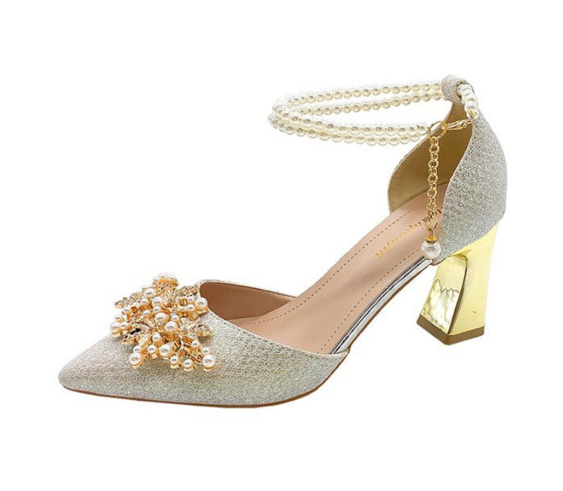 Damen elegante Pumps mit Perlenschmuck und glitzerndem Absatz R&B