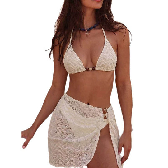 Damen Bikini-Set mit zarter Spitzenoptik und lässigem Wickelrock R&B