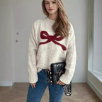 Damen gemütlicher Pullover mit verspieltem Schleifenmotiv R&B