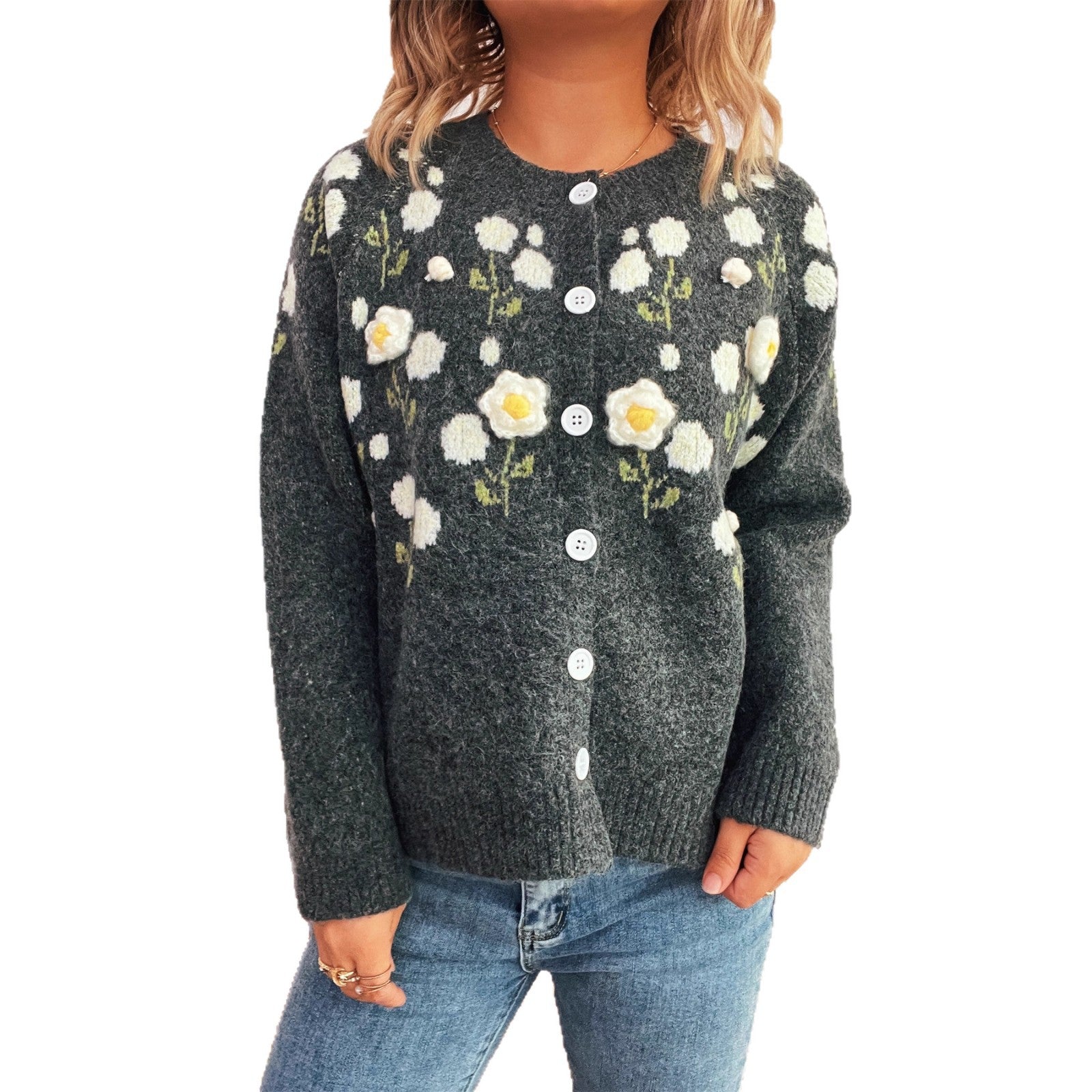 Damen Strickjacke mit floralem Design und Knopfverschluss R&B