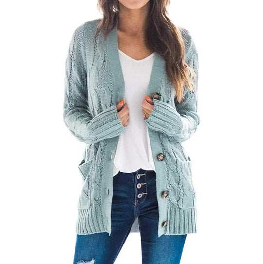 Damen Strickjacke mit Kabelmustern und großen Knöpfen R&B
