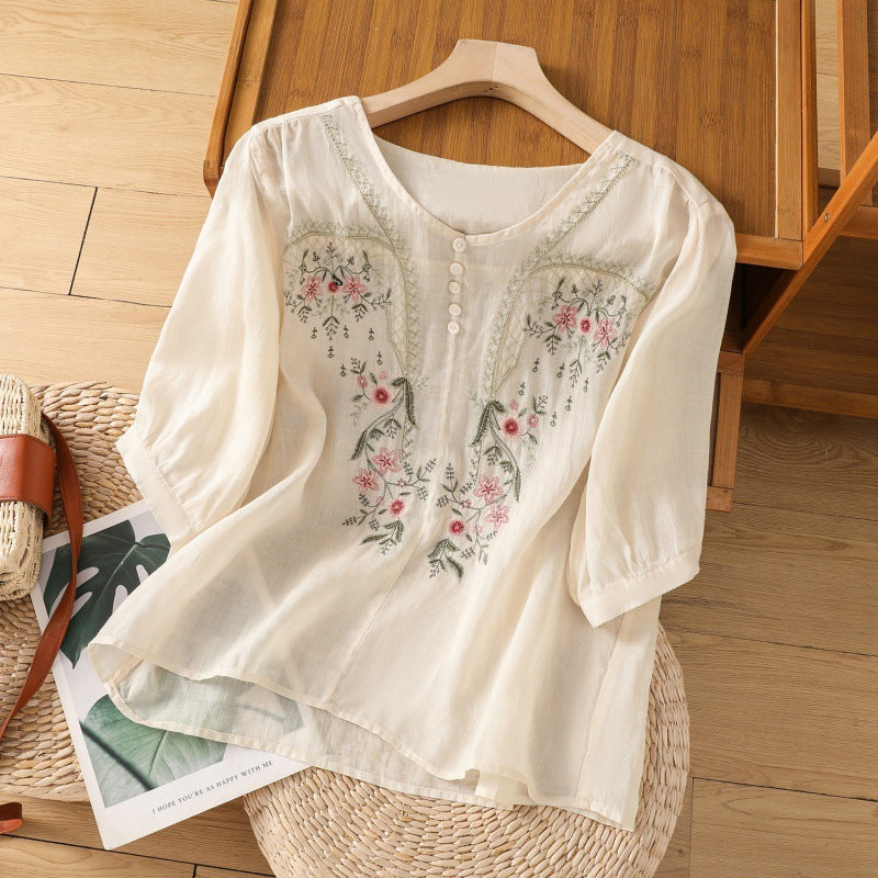 Damen Blusenshirt mit floralem Stickdesign und knöpfbarem Ausschnitt R&B