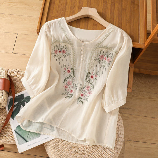 Damen Blusenshirt mit floralem Stickdesign und knöpfbarem Ausschnitt R&B