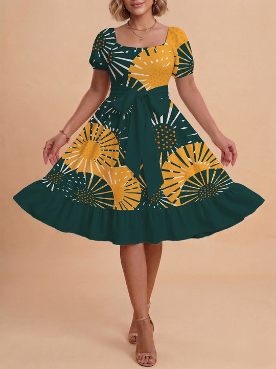 Damen elegantes Maxikleid mit floralem Design und Taillengürtel R&B