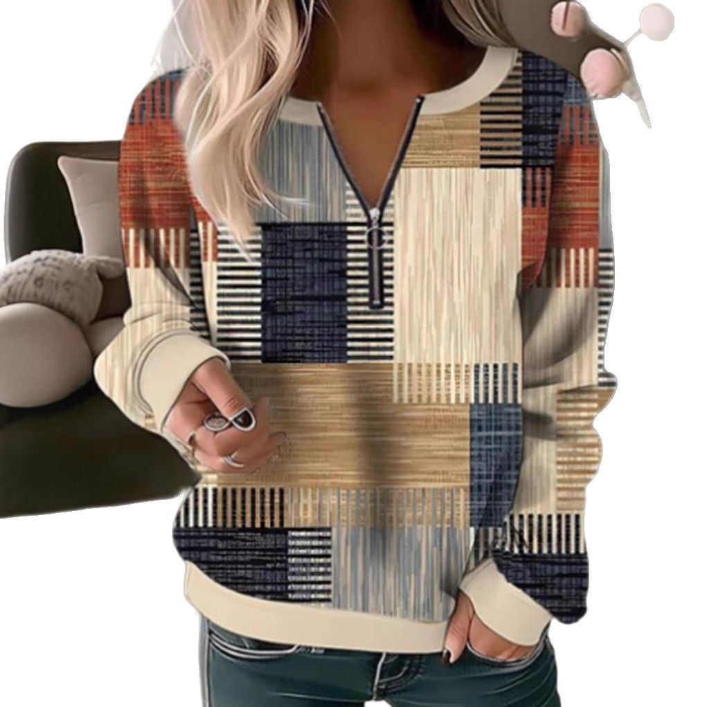 Damen nan gemütlicher Pullover mit kurzem Reißverschluss, grafischem Patchworkmuster, verlängerten Ärmelbündchen und geripptem Saum R&B
