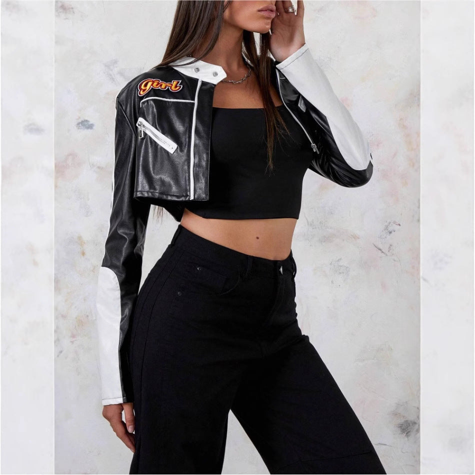 Damen modische cropped Kunstlederjacke R&B