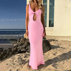 Damen figurbetontes Maxikleid mit tiefem V-Ausschnitt und Cut-Out R&B