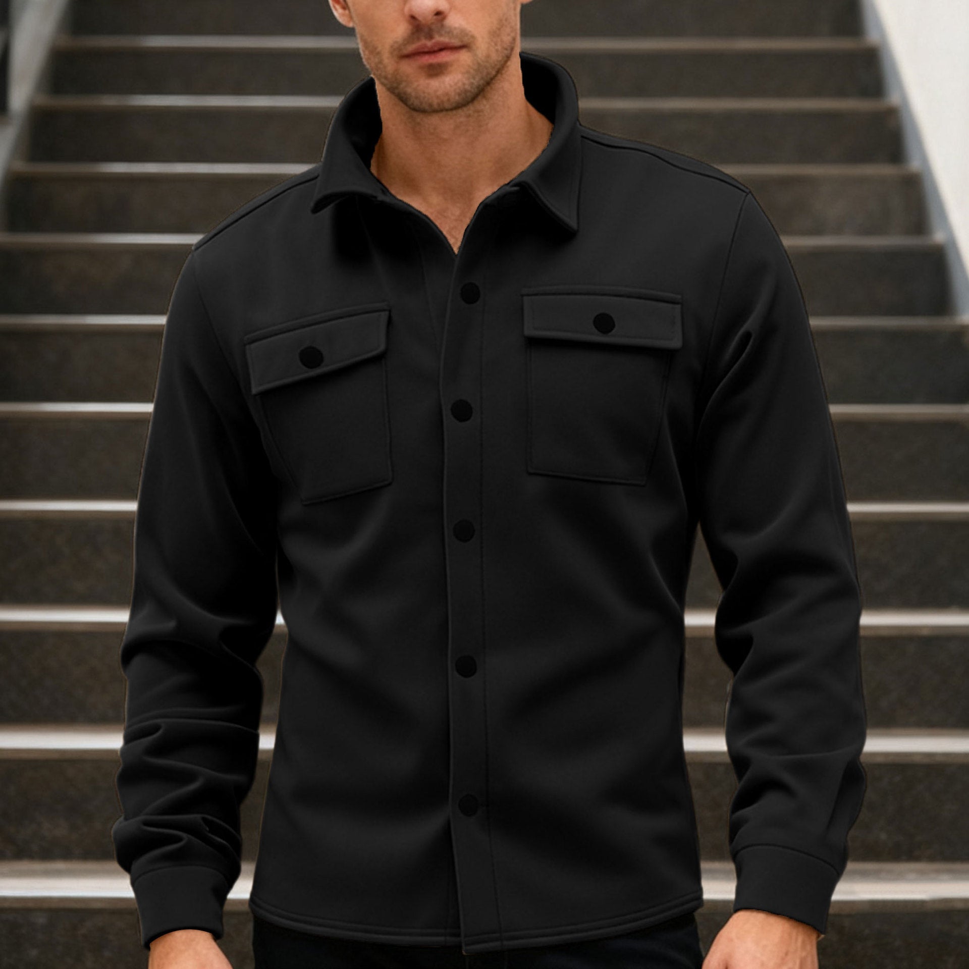 Herren nan Twill-Overshirt mit Hemdkragen, aufgesetzten Brustklappen und geradem Saum R&B