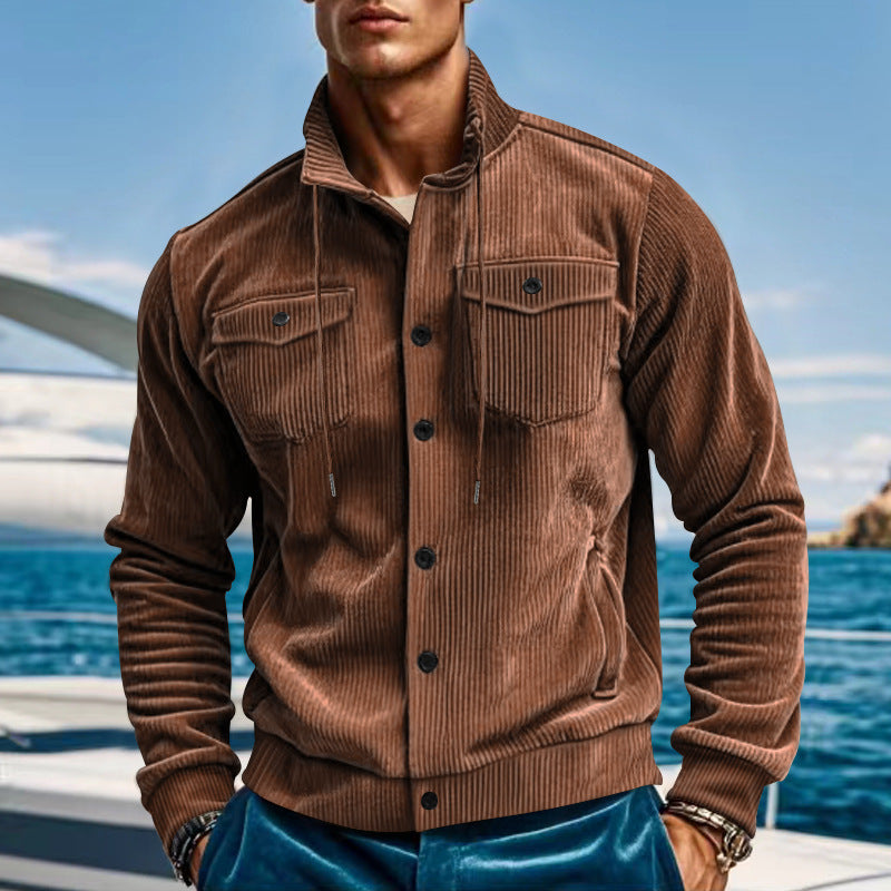 Herren nan lässige fein gerippte Cordjacke mit Stehkragen, Brusttaschen und elastischem Saum R&B