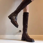 Damen modische Stiefel mit elegantem Schnallenverschluss und robustem Blockabsatz R&B