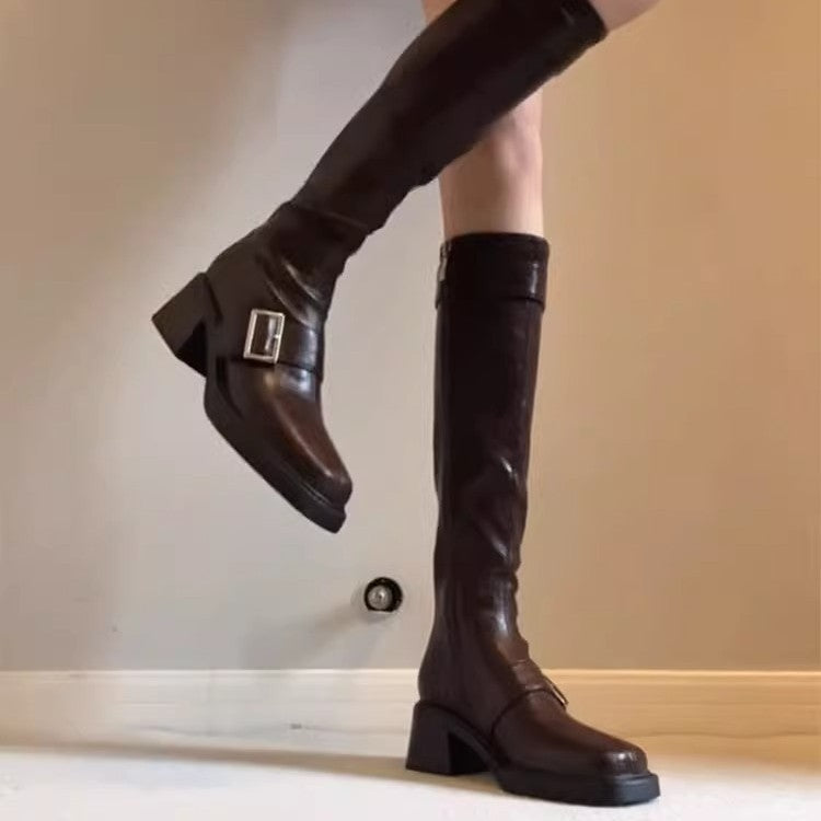 Damen modische Stiefel mit elegantem Schnallenverschluss und robustem Blockabsatz R&B