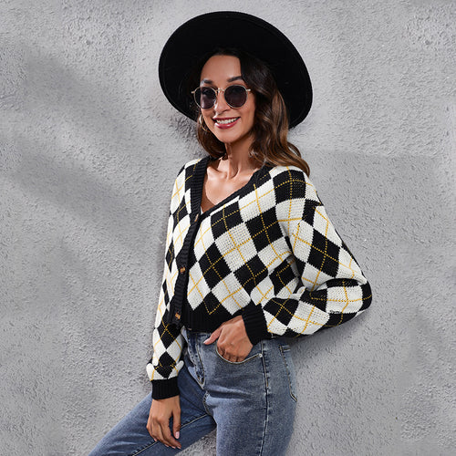 Damen Modischer Karodeckpullover mit tiefem V-Ausschnitt und eleganten Knopfdetails R&B
