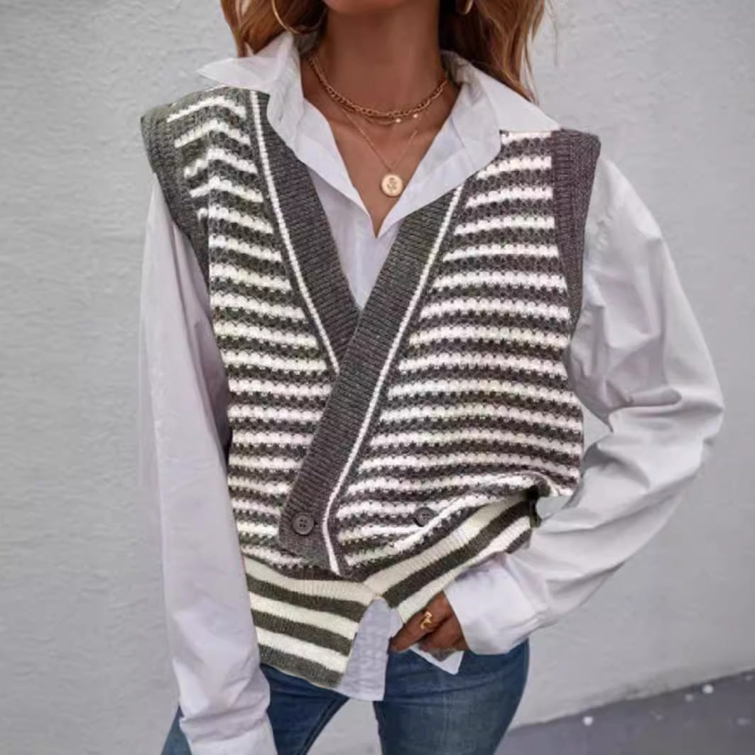 Damen Strickweste mit modischem Streifenmuster und doppeltem Knopfverschluss R&B