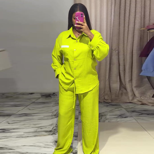 Damen lässiges Zweiteiler Set mit langärmeliger Bluse und weiten Hosen R&B