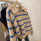 Damen Strickpullover mit V-Ausschnitt und strukturiertem Streifenmuster R&B
