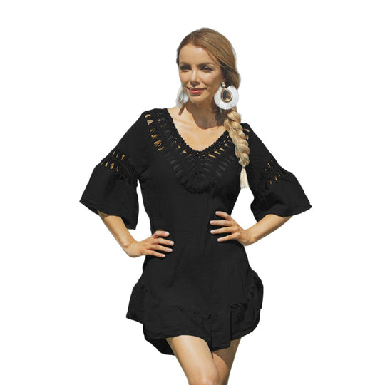 Damen Freizeitkleid mit raffinierten Lochmustern und voluminösen Ärmeln R&B