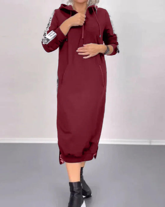 Damen nan knöchellanges Kapuzen-Sweatkleid mit Halbzip, Kängurutaschen und seitlicher Zierpaspel R&B