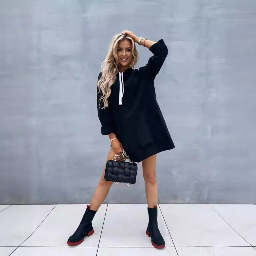 Damen lässiges Kapuzenkleid mit praktischen Eingrifftaschen und seitlichen Schlitzen R&B