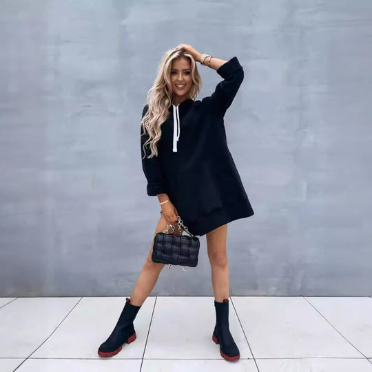 Damen lässiges Kapuzenkleid mit praktischen Eingrifftaschen und seitlichen Schlitzen R&B
