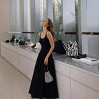 Damen Elegantes Maxikleid mit spaghetti Trägern und fließendem Rock R&B