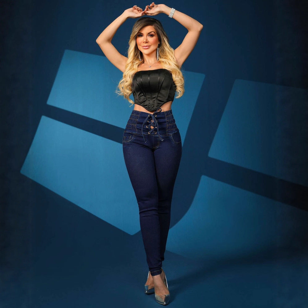 Damen Skinny Jeans mit modischem Schnürdetail und hohem Taillenbund R&B