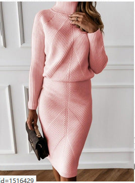 Damen Strickkleid mit hohem Kragen und eleganter Rippstruktur R&B