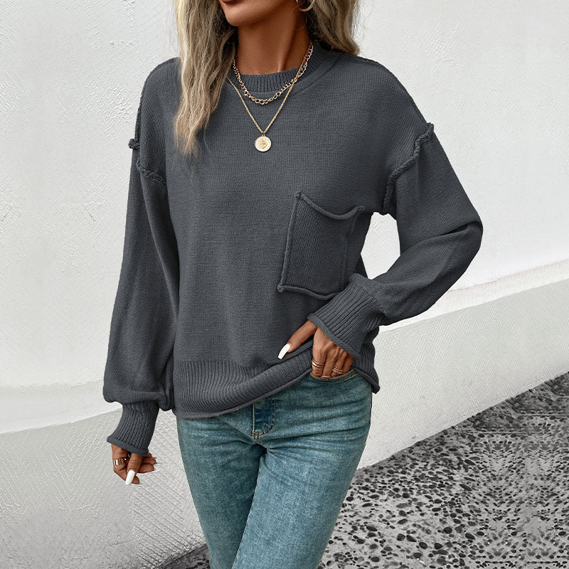 Damen lässiger Pullover mit voluminösen Ärmeln und praktischer Taschendetail R&B