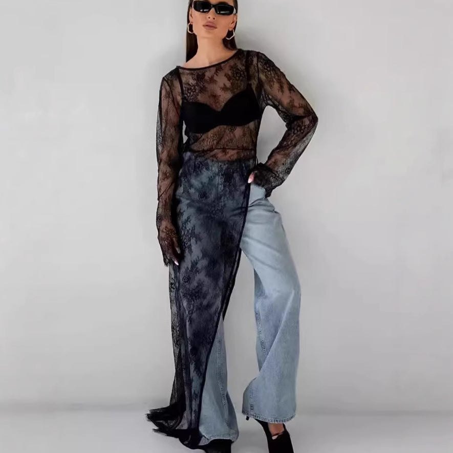 Damen transparente Spitzenbluse mit langen Ärmeln und lässigem Rückenausschnitt R&B