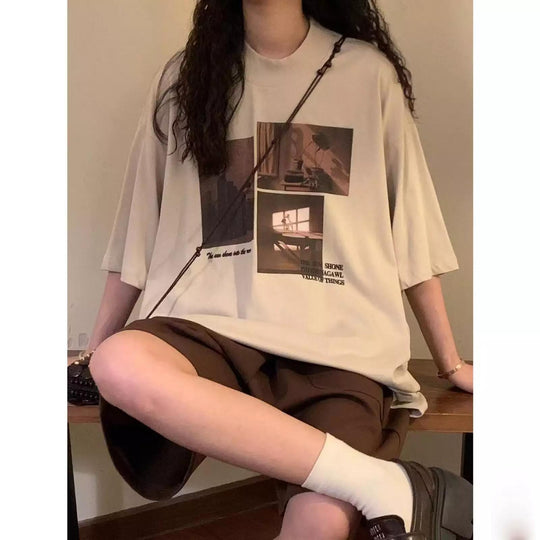 Damen modisches Kurzarm-T-Shirt mit kreativem Fotodruck und lockerer Passform R&B