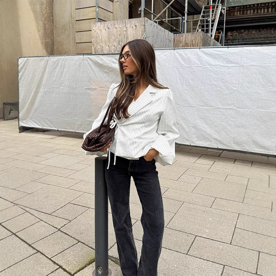 Damen elegante Taillierte Bluse mit voluminösen Ärmeln R&B