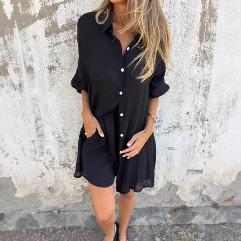 Damen legeres Baumwoll-Shorts-Set mit oversized Hemd und elastischem Bund R&B