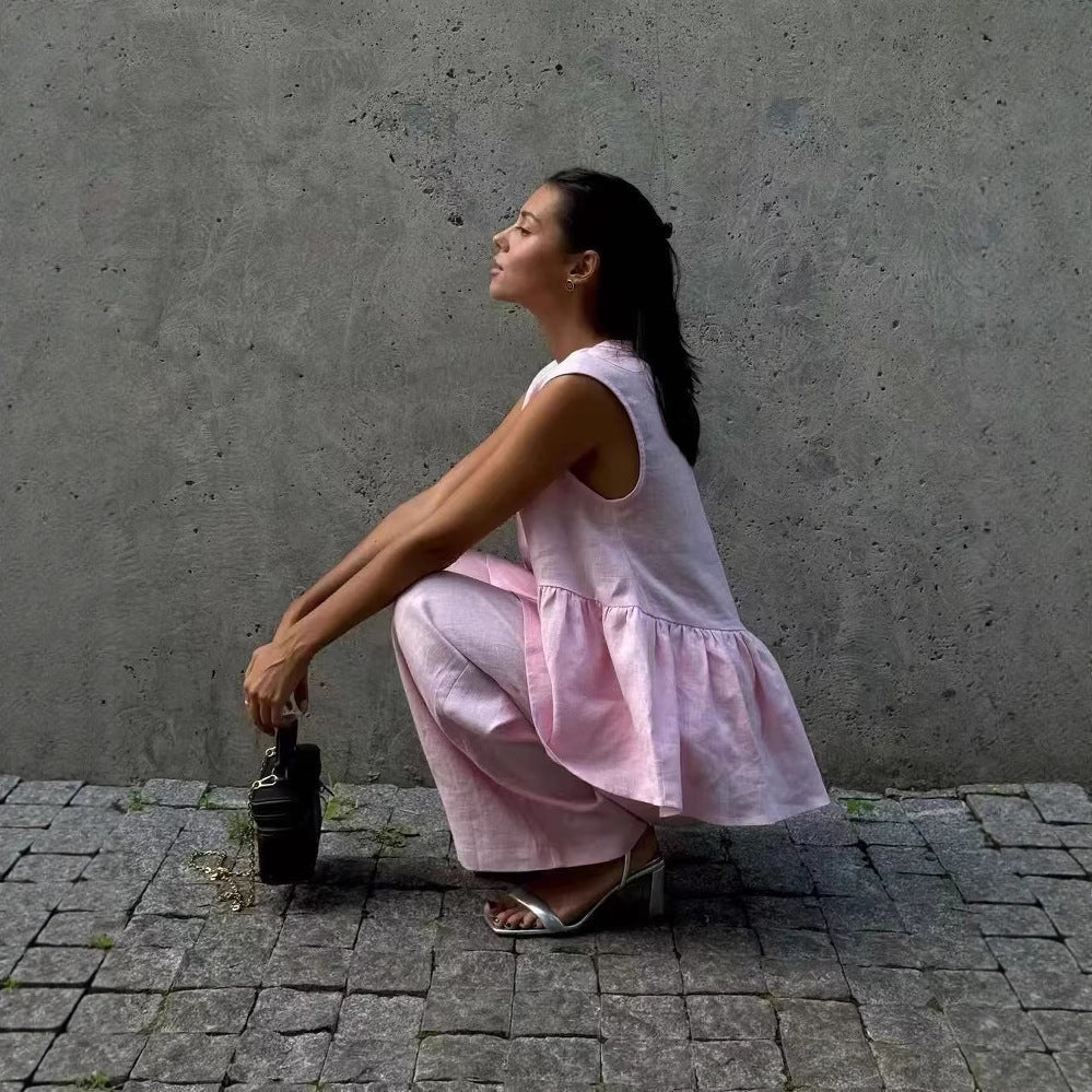 Damen elegantes Leinen-Outfit mit schickem Oberteil und weiten Hosen R&B
