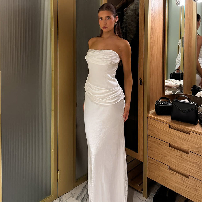 Damen elegantes Maxikleid mit raffiniertem Drapé und schulterfreiem Design R&B