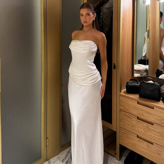 Damen elegantes Maxikleid mit raffiniertem Drapé und schulterfreiem Design R&B