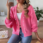 Damen Strickjacke mit dekorativen Perlenknöpfen und weitem Schnitt