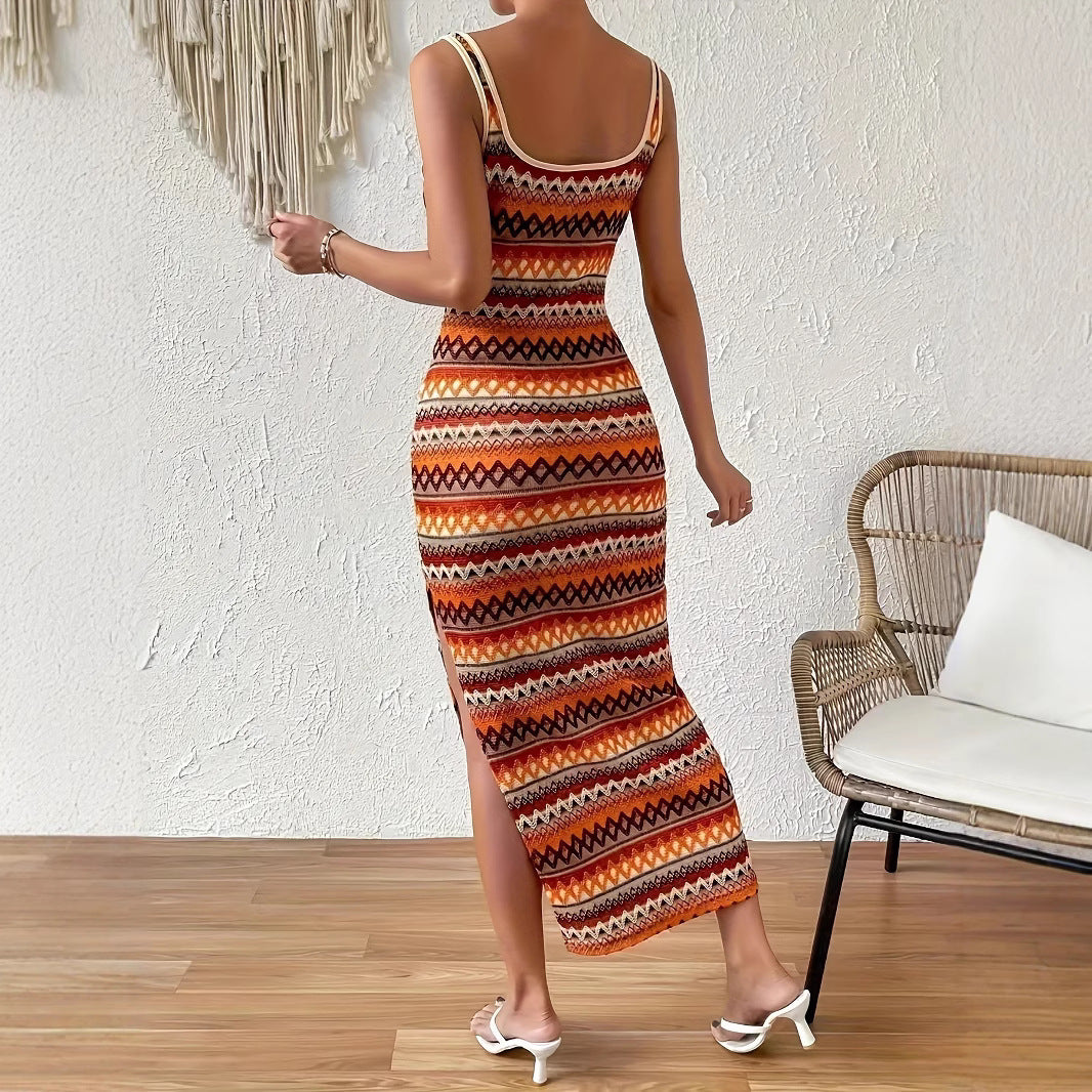 Damen Maxikleid mit geometrischem Muster und seitlichem Schlitz R&B