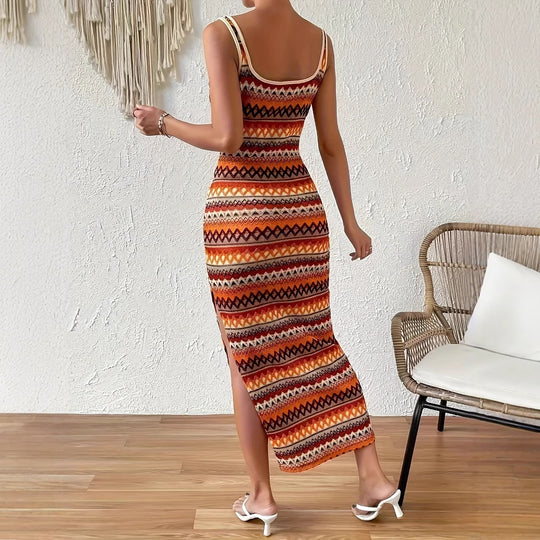Damen Maxikleid mit geometrischem Muster und seitlichem Schlitz R&B