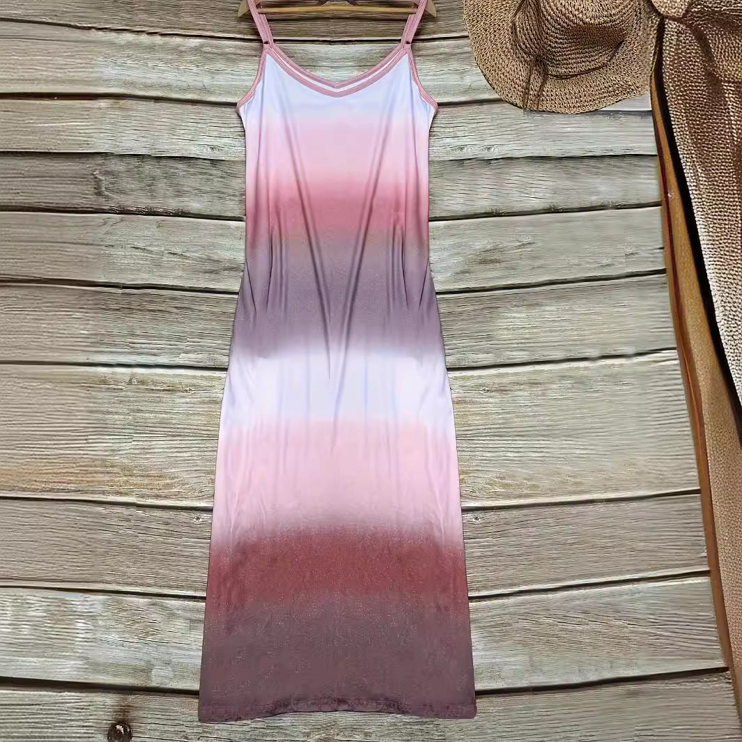 Damen Maxikleid mit sportlichem V-Ausschnitt und modischem Farbverlauf R&B