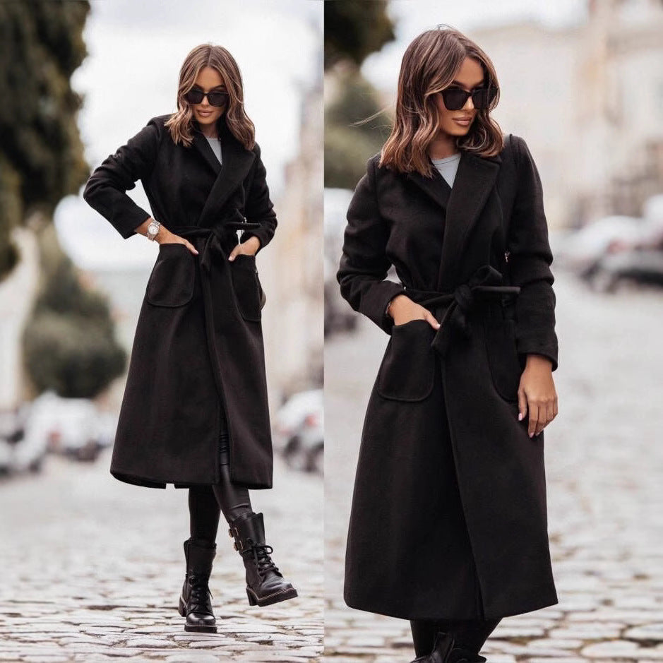 Damen Eleganter Wickel-Mantel mit praktischen Taschen und taillierbarem Gürtel R&B