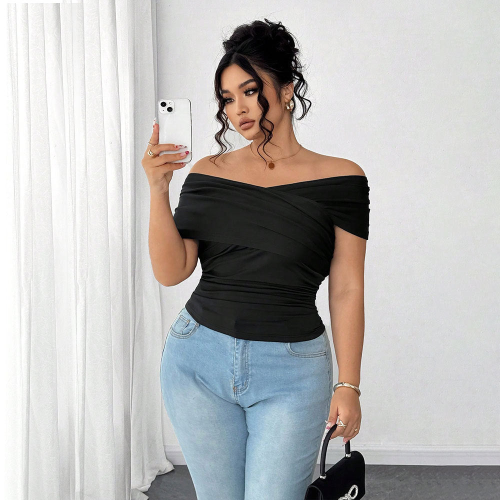 Damen elegantes Wickeloberteil mit schulterfreiem Design und Raffung R&B