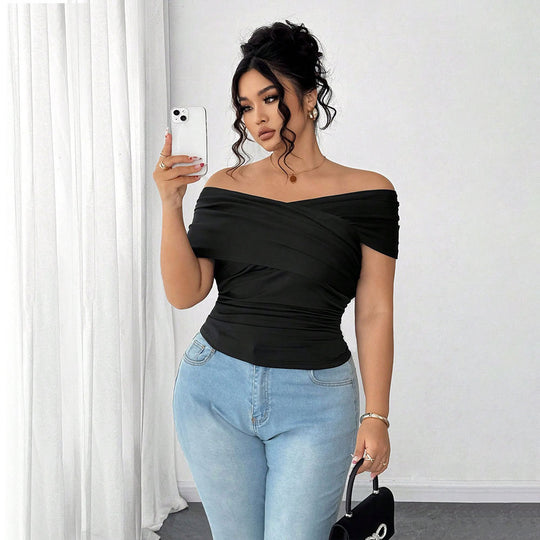 Damen elegantes Wickeloberteil mit schulterfreiem Design und Raffung R&B