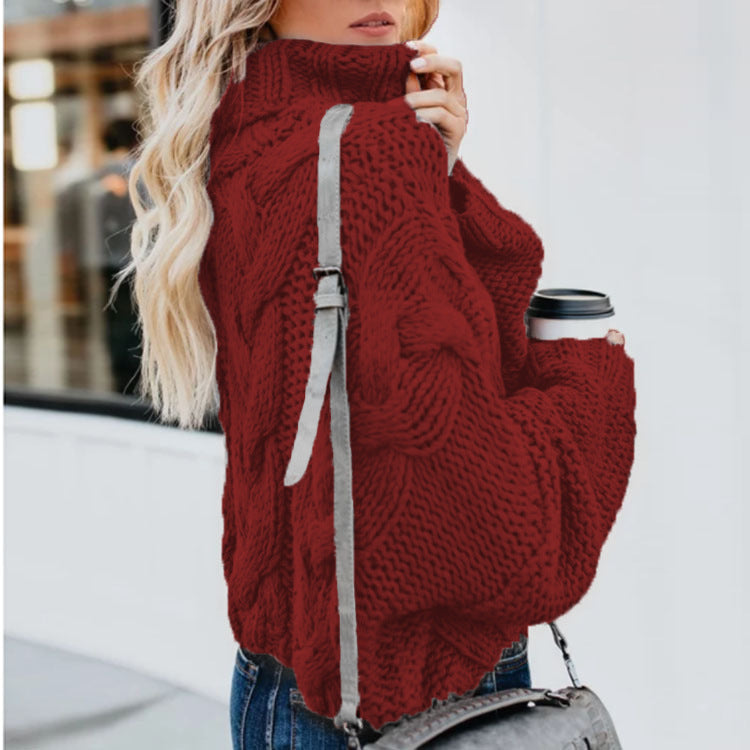 Damen Grobstrickpullover mit hohem Kragen und Zopfmuster R&B