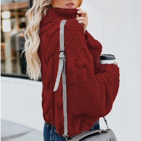 Damen Grobstrickpullover mit hohem Kragen und Zopfmuster R&B
