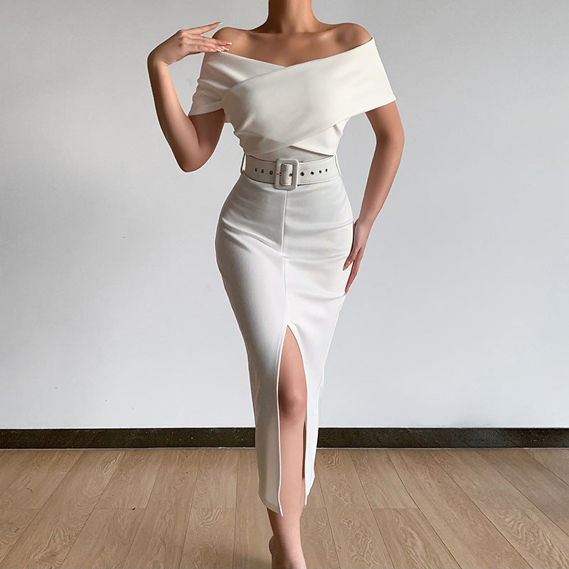 Damen figurbetontes Midi-Kleid mit Off-Shoulder-Ausschnitt und seitlichem Schlitz R&B