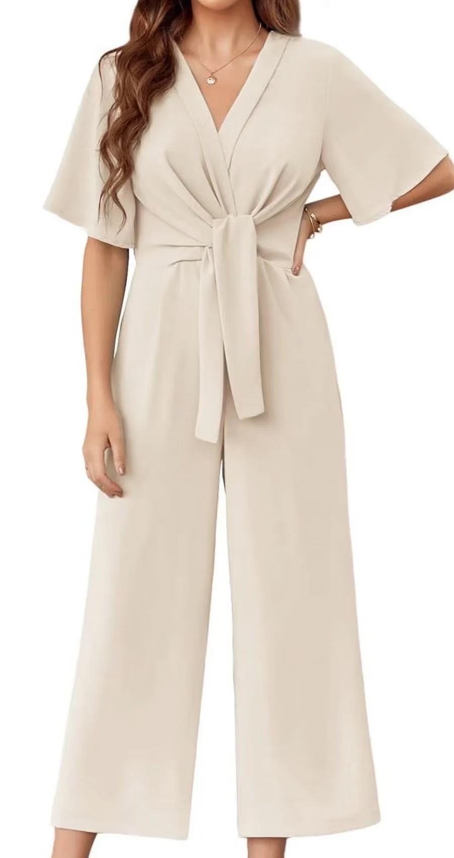 Damen eleganter Wickel-Jumpsuit mit weiten Beinen und Taillengürtel R&B