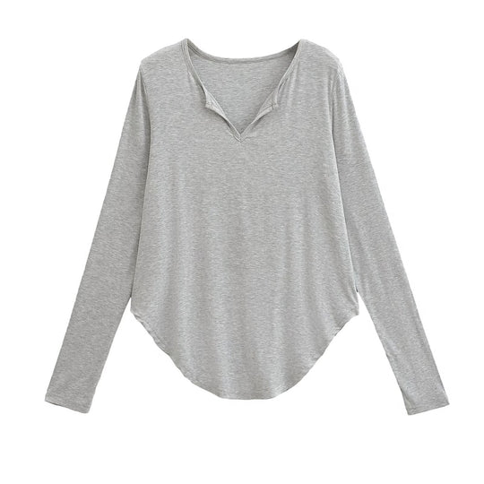 Damen lässiges Longsleeve-Oberteil mit V-Ausschnitt und geschwungenem Saum R&B