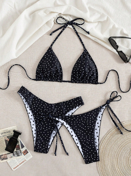 Damen Triangel-Bikini mit verspieltem Punktmuster und verstellbaren Bändern R&B